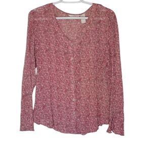 J. Jill 100% Silk Red / Pink Delicate Floral Button-Front Long Sleeve Blouse